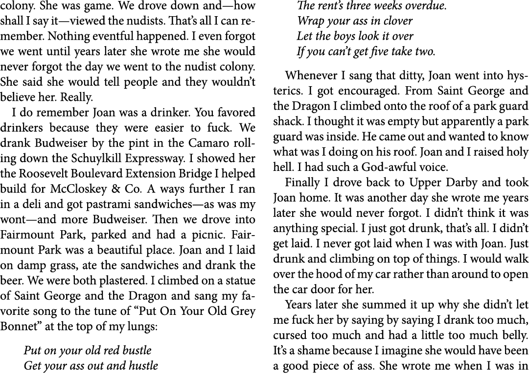 colony. She was game. We drove down and—how shall I say it—viewed the nudists. That’s all I can remember. Nothing eve...