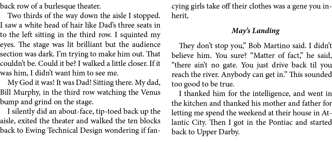back row of a burlesque theater. Two thirds of the way down the aisle I stopped. I saw a white head of hair like Dad’...