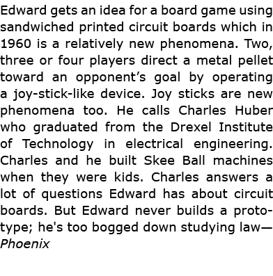 Edward gets an idea for a board game using sandwiched printed circuit boards which in 1960 is a relatively new phenom...