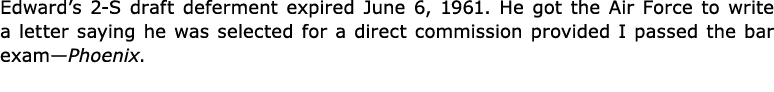 Edward’s 2-S draft ﻿deferment expired June 6, 1961. He got the ﻿Air Force to write a letter saying he was selected fo...