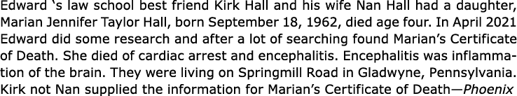 Edward ‘s law school best friend ﻿Kirk Hall and his wife Nan Hall had a daughter, Marian Jennifer Taylor Hall, born S...
