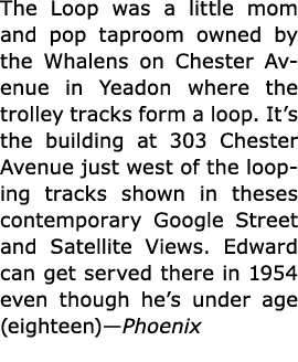 The ﻿Loop was a little mom and pop taproom owned by the Whalens on Chester Avenue in ﻿﻿Yeadon where the trolley track...