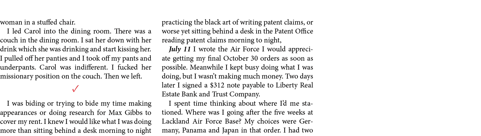 woman in a stuffed chair. I led Carol into the dining room. There was a couch in the dining room. I sat her down with...
