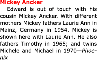 Mickey Ancker Edward is out of touch with his cousin ﻿Mickey Ancker. With different mothers Mickey fathers Laurie An...