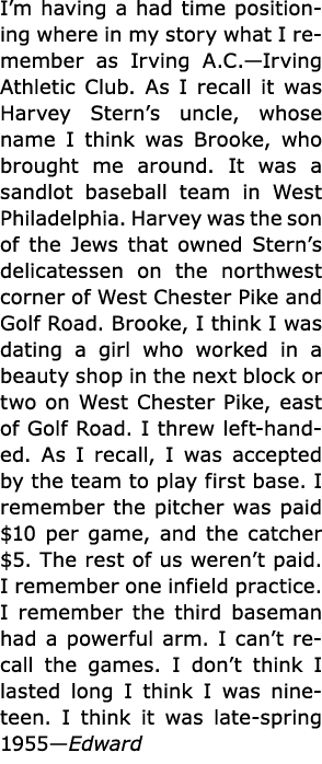 I’m having a had time positioning where in my story what I remember as ﻿Irving A.C.—Irving Athletic Club. As I recall...
