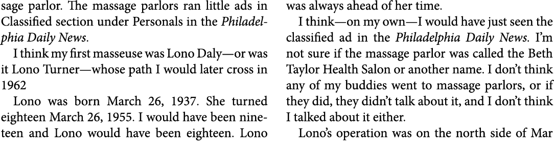 sage parlor. The massage parlors ran little ads in Classified section under Personals in the ﻿﻿﻿Philadelphia Daily Ne...