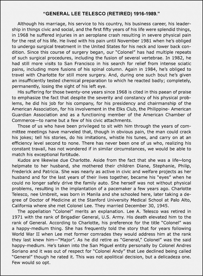 “General Lee Telesco (Retired) 1916 1989.” Although his marriage, his service to his country, his business career, hi...