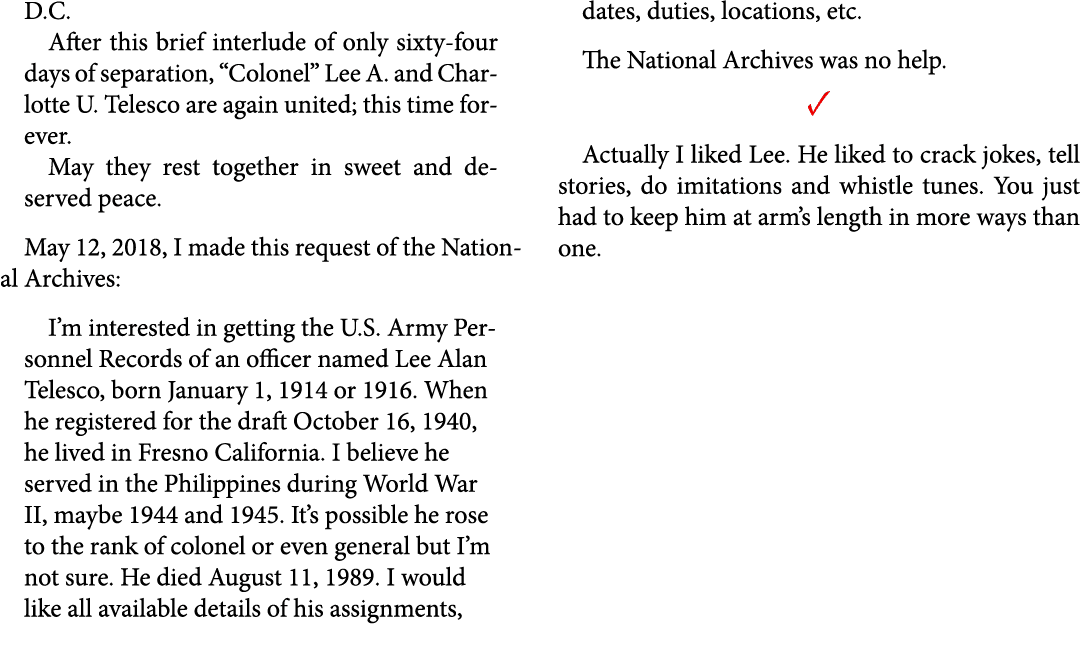 D.C. After this brief interlude of only sixty four days of separation, “Colonel” Lee A. and Charlotte U. Telesco are ...