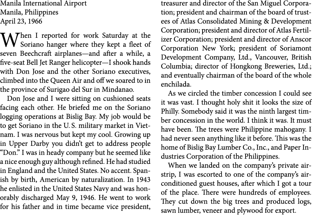Manila International Airport Manila, Philippines April 23, 1966 When I reported for work Saturday at the Soriano hang...