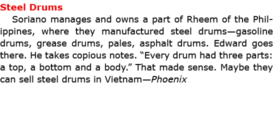 Steel Drums Soriano manages and owns a part of ﻿Rheem of the Philippines, where they manufactured steel drums—gasolin...