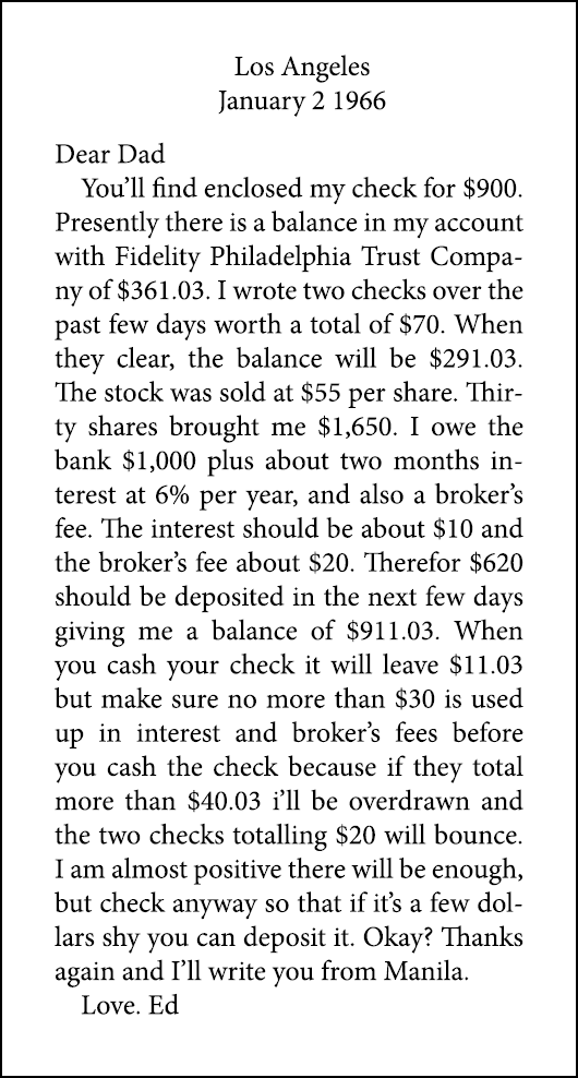 Los Angeles January 2 1966 Dear Dad You’ll find enclosed my check for $900. Presently there is a balance in my accou...