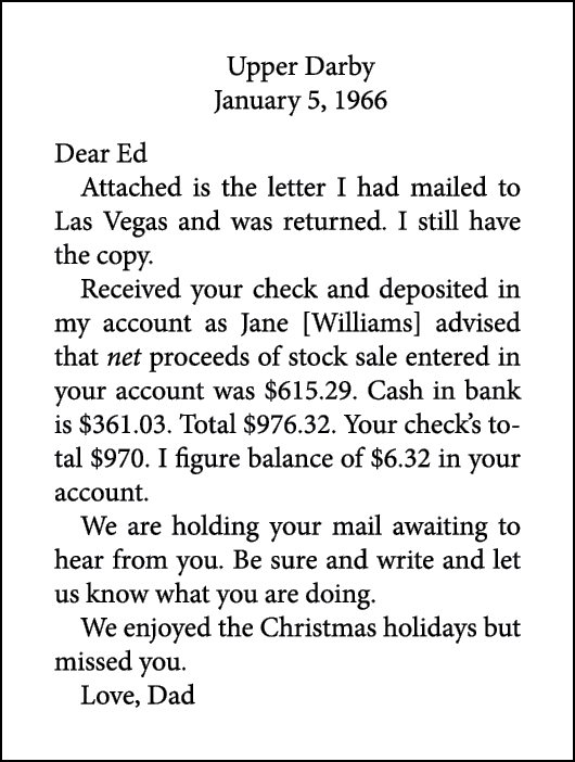 Upper Darby January 5, 1966 Dear Ed Attached is the letter I had mailed to Las Vegas and was returned. I still have t...
