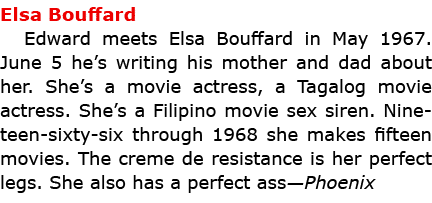 Elsa Bouffard Edward meets Elsa Bouffard in May 1967. June 5 he’s writing his mother and dad about her. She’s a movie...