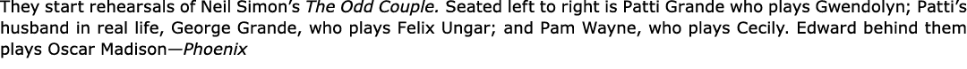 They start rehearsals of Neil Simon’s ﻿The Odd Couple. Seated left to right is Patti Grande who plays Gwendolyn; Patt...