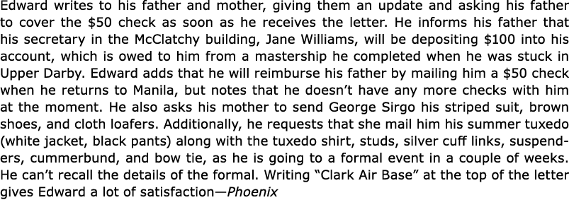 Edward writes to his father and mother, giving them an update and asking his father to cover the $50 check as soon as...