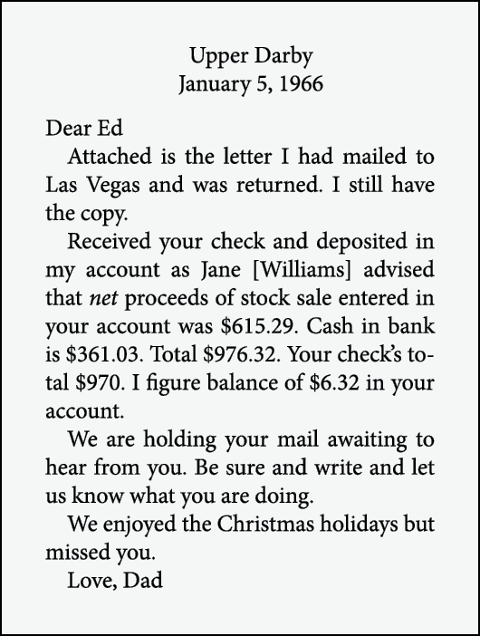 Upper Darby January 5, 1966 Dear Ed Attached is the letter I had mailed to Las Vegas and was returned. I still have t...
