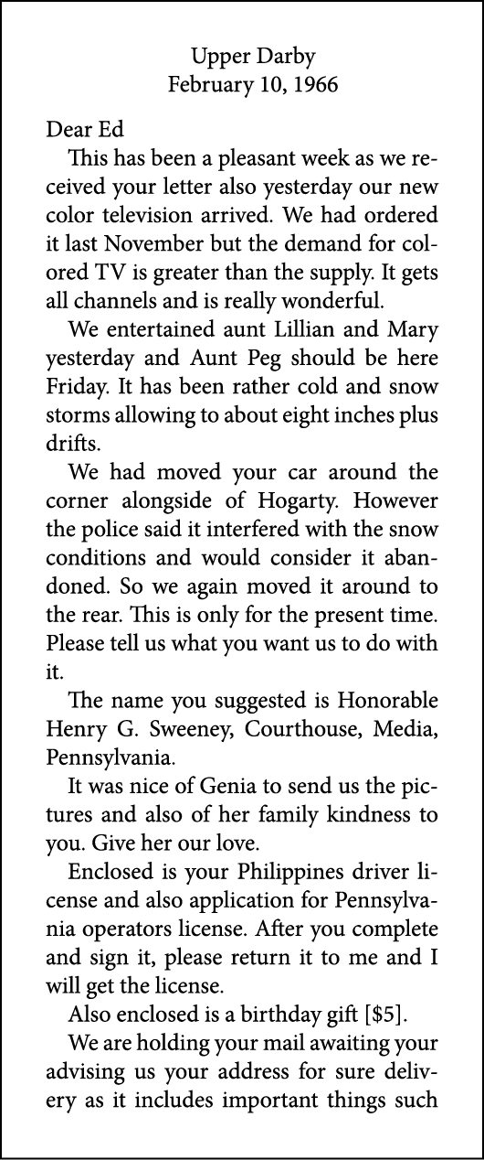 Upper Darby February 10, 1966 Dear Ed This has been a pleasant week as we received your letter also yesterday our new...