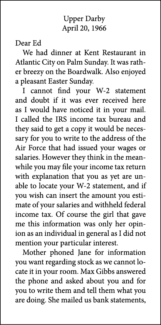Upper Darby April 20, 1966 Dear Ed We had dinner at ﻿Kent Restaurant in ﻿Atlantic City on Palm Sunday. It was rather ...