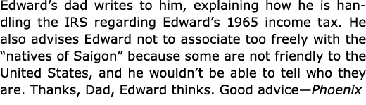 Edward’s dad writes to him, explaining how he is handling the IRS regarding Edward’s 1965 income tax. He also advises...