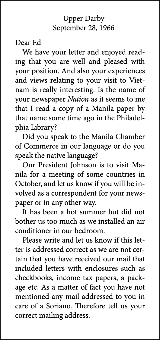 Upper Darby September 28, 1966 Dear Ed We have your letter and enjoyed reading that you are well and pleased with you...