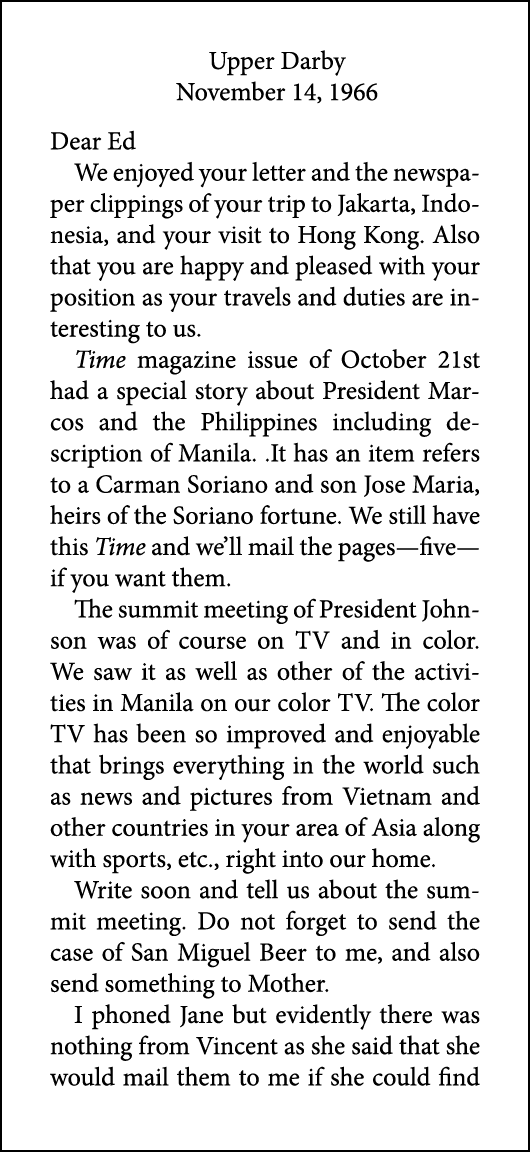 Upper Darby November 14, 1966 Dear Ed We enjoyed your letter and the newspaper clippings of your trip to Jakarta, Ind...