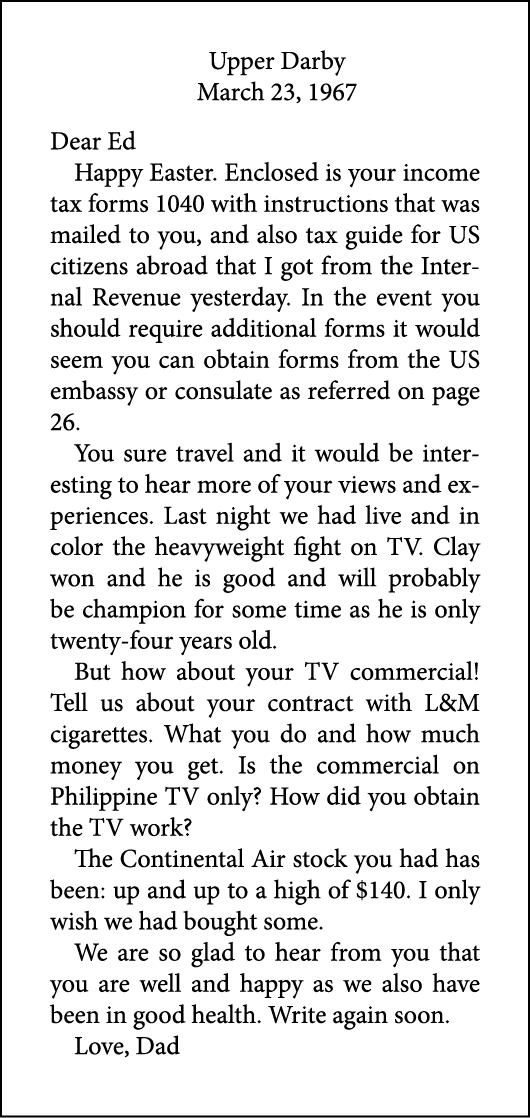 Upper Darby March 23, 1967 Dear Ed Happy Easter. Enclosed is your income tax forms 1040 with instructions that was ma...