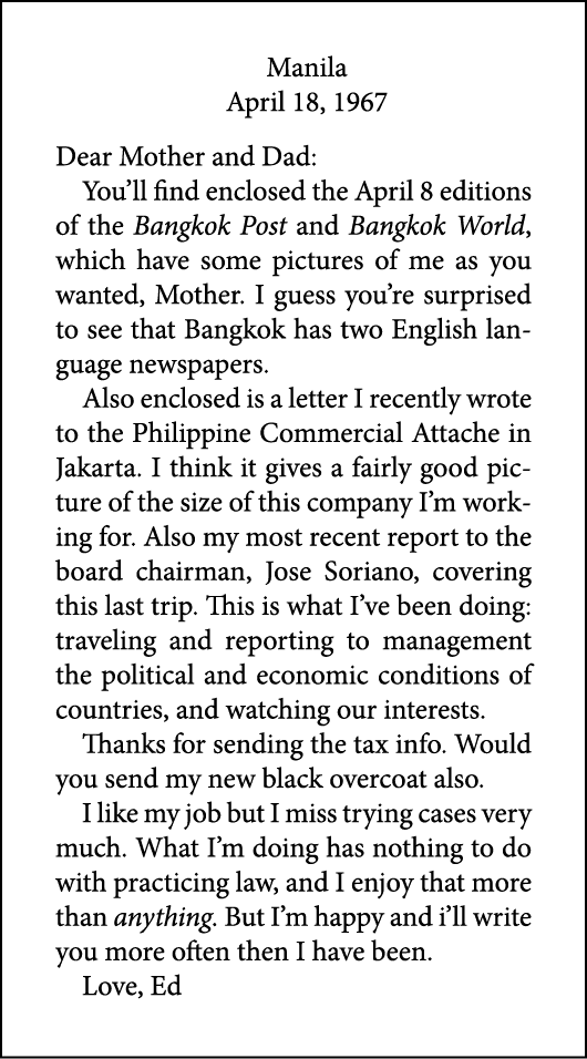 Manila April 18, 1967 Dear Mother and Dad: You’ll find enclosed the April 8 editions of the ﻿Bangkok Post and ﻿Bangko...