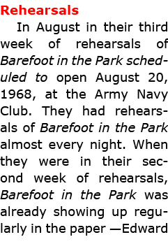 Rehearsals In August in their third week of rehearsals of ﻿Barefoot in the Park scheduled to open August 20, 1968, at...