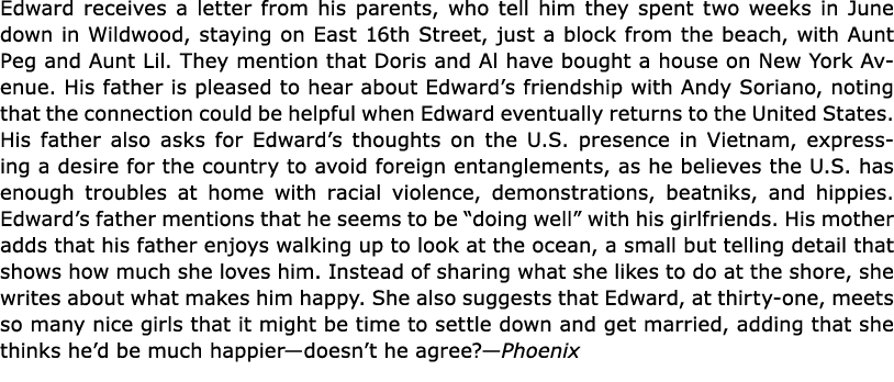 Edward receives a letter from his parents, who tell him they spent two weeks in June down in Wildwood, staying on Eas...