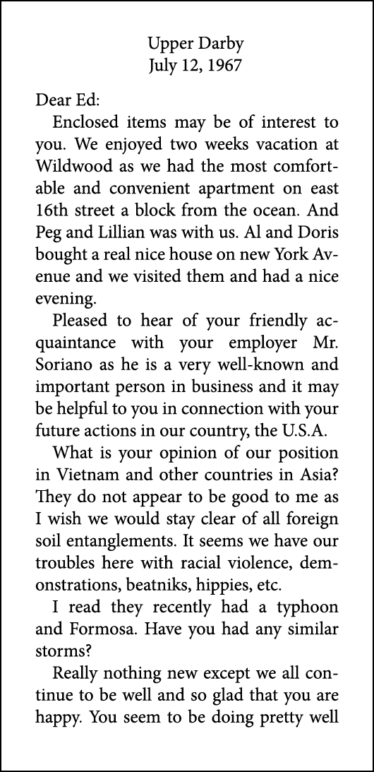 Upper Darby July 12, 1967 Dear Ed: Enclosed items may be of interest to you. We enjoyed two weeks vacation at Wildwoo...