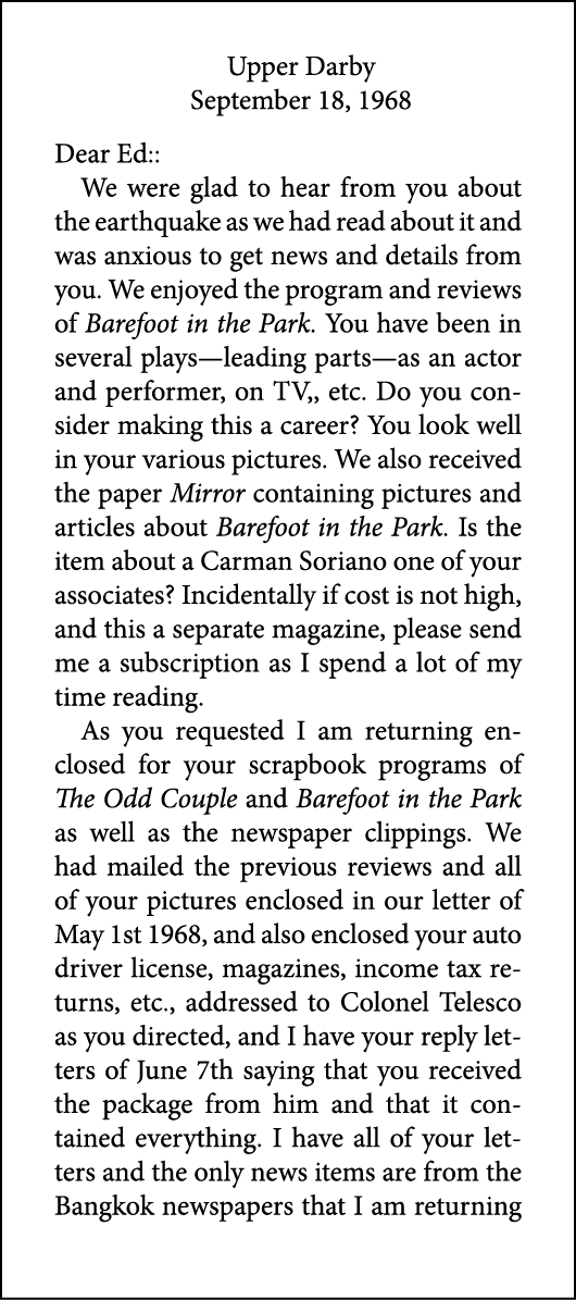 Upper Darby September 18, 1968 Dear Ed:: We were glad to hear from you about the earthquake as we had read about it a...