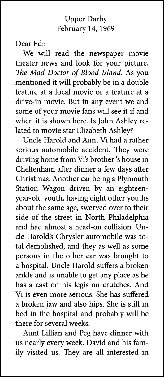 Upper Darby February 14, 1969 Dear Ed:: We will read the newspaper movie theater news and look for your picture, The ...