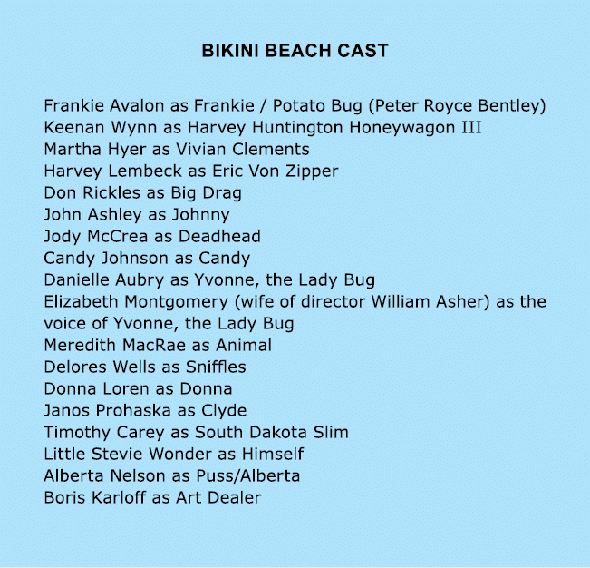Bikini Beach Cast Frankie Avalon as Frankie / Potato Bug (Peter Royce Bentley) Keenan Wynn as Harvey Huntington Honey...