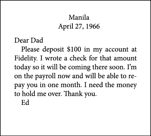 Manila April 27, 1966 Dear Dad Please deposit $100 in my account at Fidelity. I wrote a check for that amount today s...