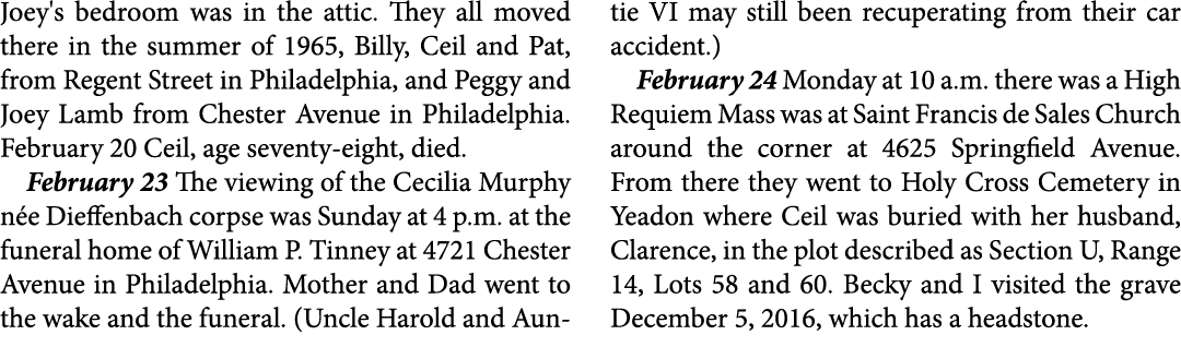 Joey's bedroom was in the attic. They all moved there in the summer of 1965, Billy, Ceil and Pat, from Regent Street...