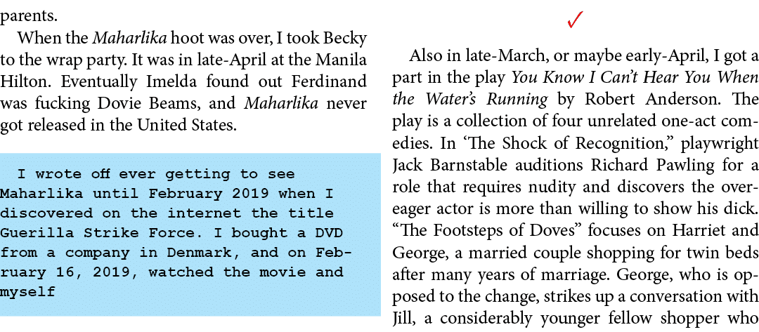 parents. When the ﻿Maharlika hoot was over, I took Becky to the wrap party. It was in late April at the ﻿Manila Hilto...