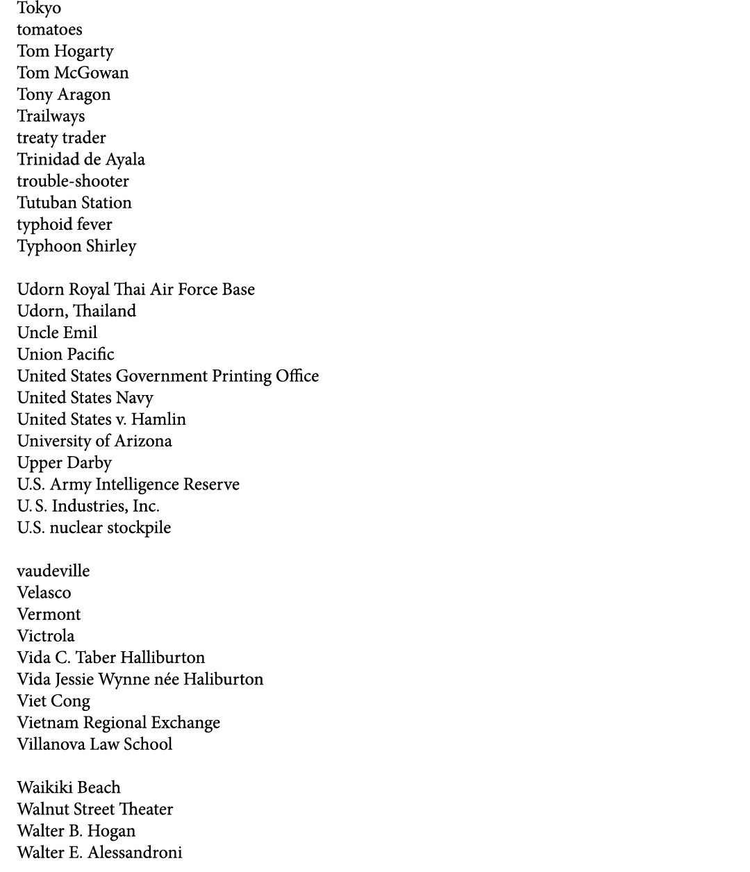 Tokyo tomatoes Tom Hogarty Tom McGowan Tony Aragon Trailways treaty trader Trinidad de Ayala trouble shooter Tutuban ...