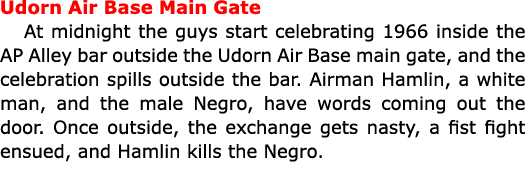 Udorn Air Base Main Gate At midnight the guys start celebrating 1966 inside the AP Alley bar outside the Udorn Air Ba...