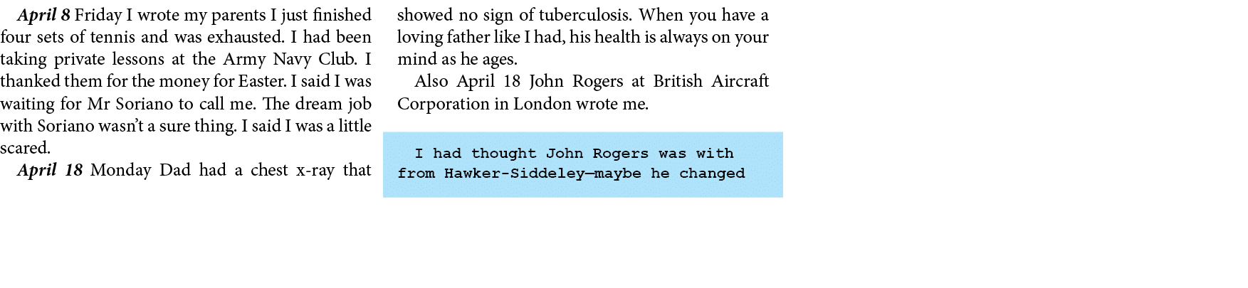 April 8 Friday I wrote my parents I just finished four sets of ﻿tennis and was exhausted. I had been taking private l...