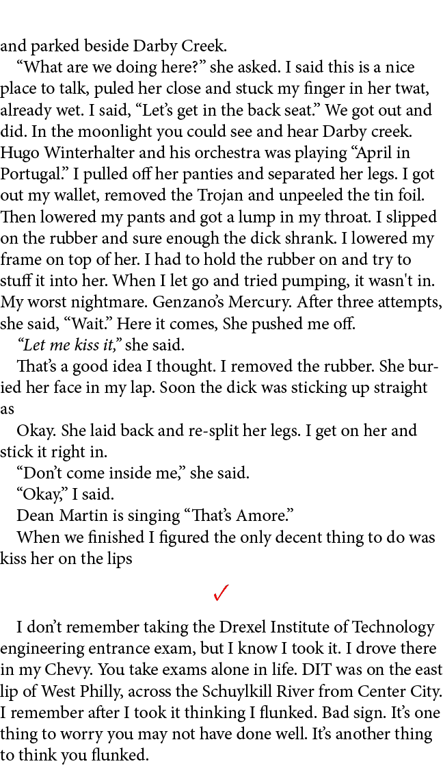 and parked beside Darby Creek. “What are we doing here?” she asked. I said this is a nice place to talk, puled her cl...