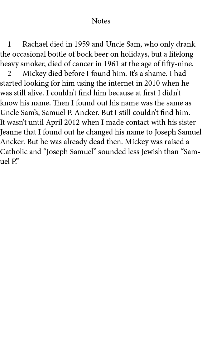 Notes ﻿ Rachael died in 1959 and Uncle Sam, who only drank the occasional bottle of bock beer on holidays, but a life...