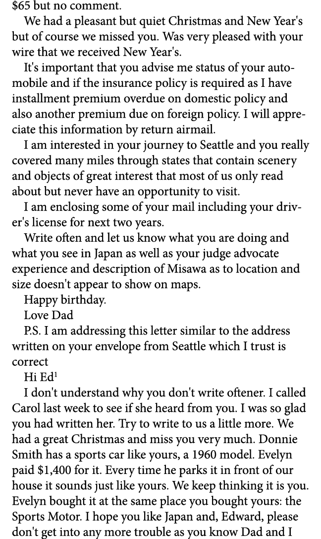 $65 but no comment. We had a pleasant but quiet Christmas and New Year's but of course we missed you. Was very please...