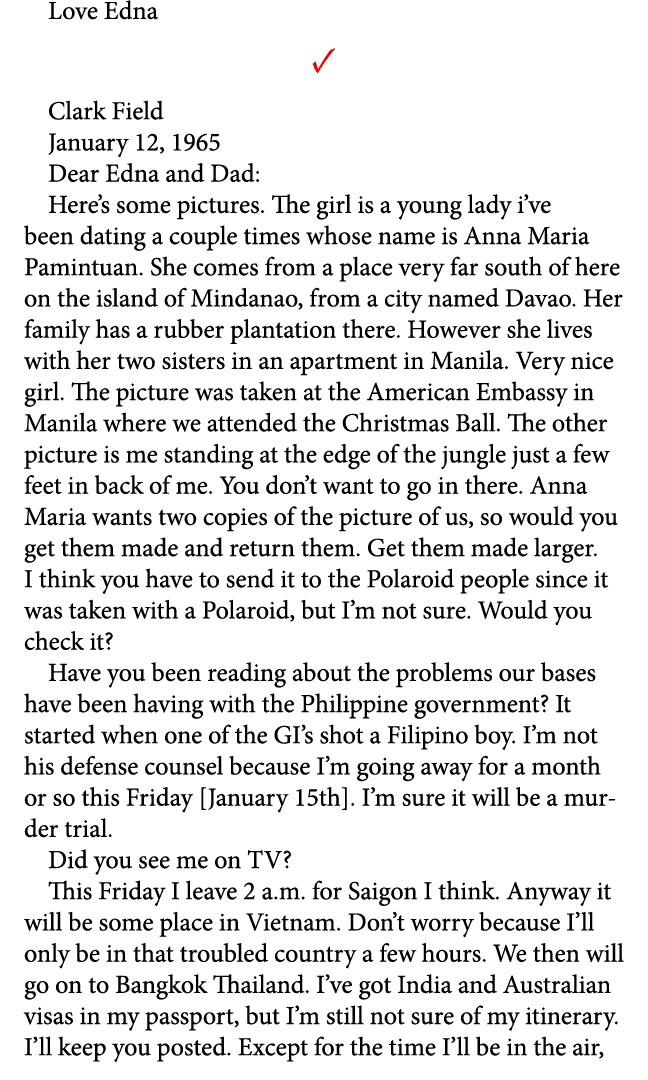 Love Edna ✓ Clark Field January 12, 1965 Dear Edna and Dad: Here’s some pictures. The girl is a young lady i’ve been ...