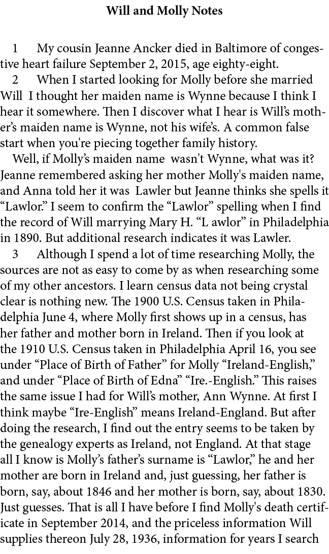 Will and Molly Notes ﻿ My cousin Jeanne Ancker died in Baltimore of congestive heart failure September 2, 2015, age e...