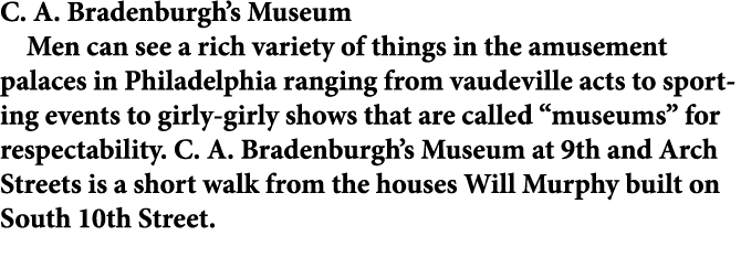 C. A. Bradenburgh’s Museum Men can see a rich variety of things in the amusement palaces in Philadelphia ranging from...