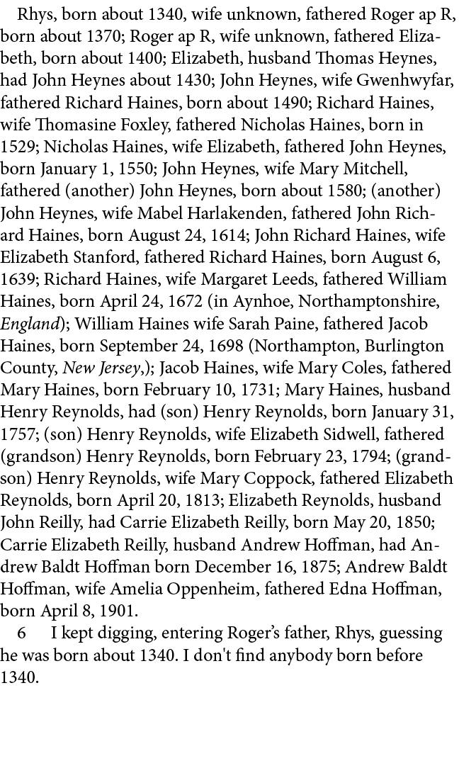 Rhys, born about 1340, wife unknown, fathered Roger ap R, born about 1370; Roger ap R, wife unknown, fathered Elizabe...