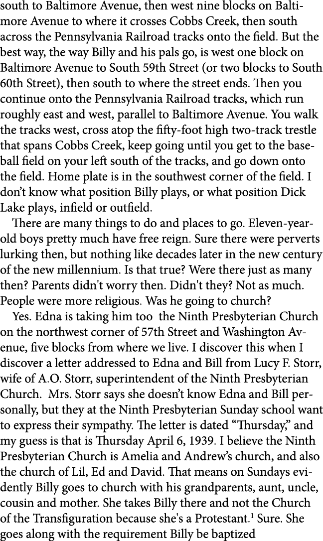 south to Baltimore Avenue, then west nine blocks on Baltimore Avenue to where it crosses Cobbs Creek, then south acro...