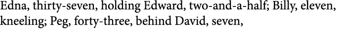Edna, thirty seven, holding Edward, two and a half; Billy, eleven, kneeling; Peg, forty three, behind David, seven, 