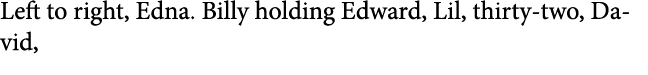 Left to right, Edna. Billy holding Edward, Lil, thirty two, David, 