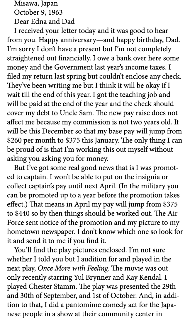 Misawa, Japan October 9, 1963 Dear Edna and Dad I received your letter today and it was good to hear from you. Happy ...